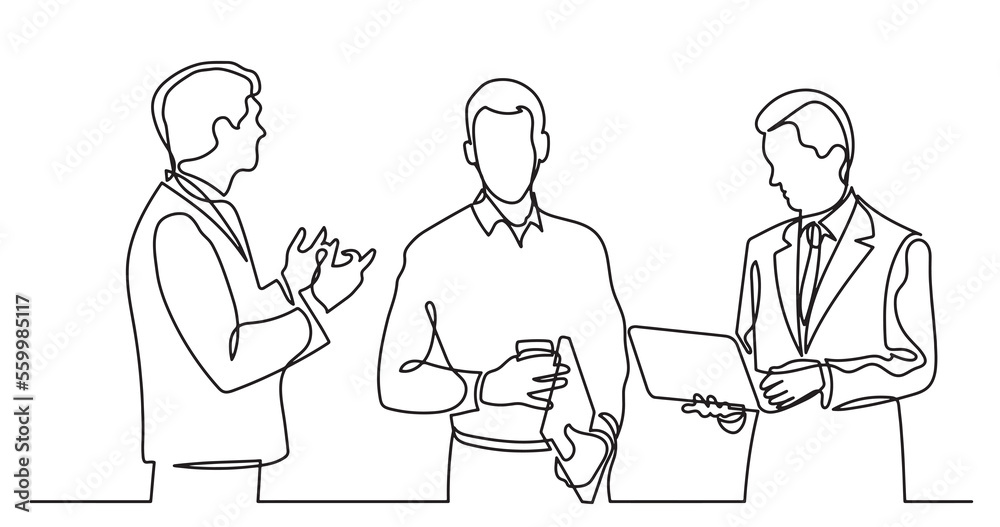 continuous line drawing of standing business people talking -  PNG image with transparent background