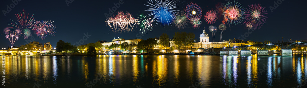 Naklejka premium Paris riverside panorama with New Year Fireworks