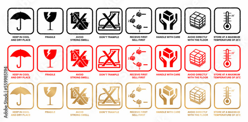 illustration a eight or 8 icons conceptual Fragile types of words set with three or 3 colors for warning handle with care logistics, delivery shipping labels, container, box, cargo, advertisement sign
