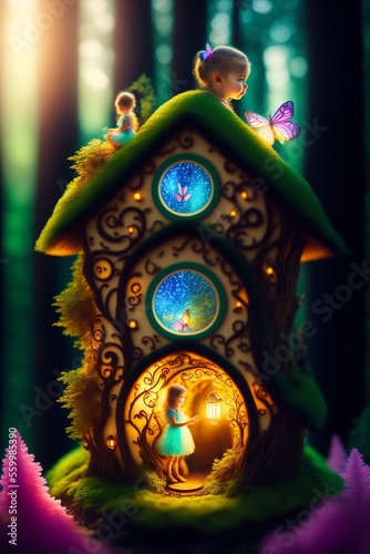Cute little fairy in the fairytale house with butterfly generated by Artificial Illustrator