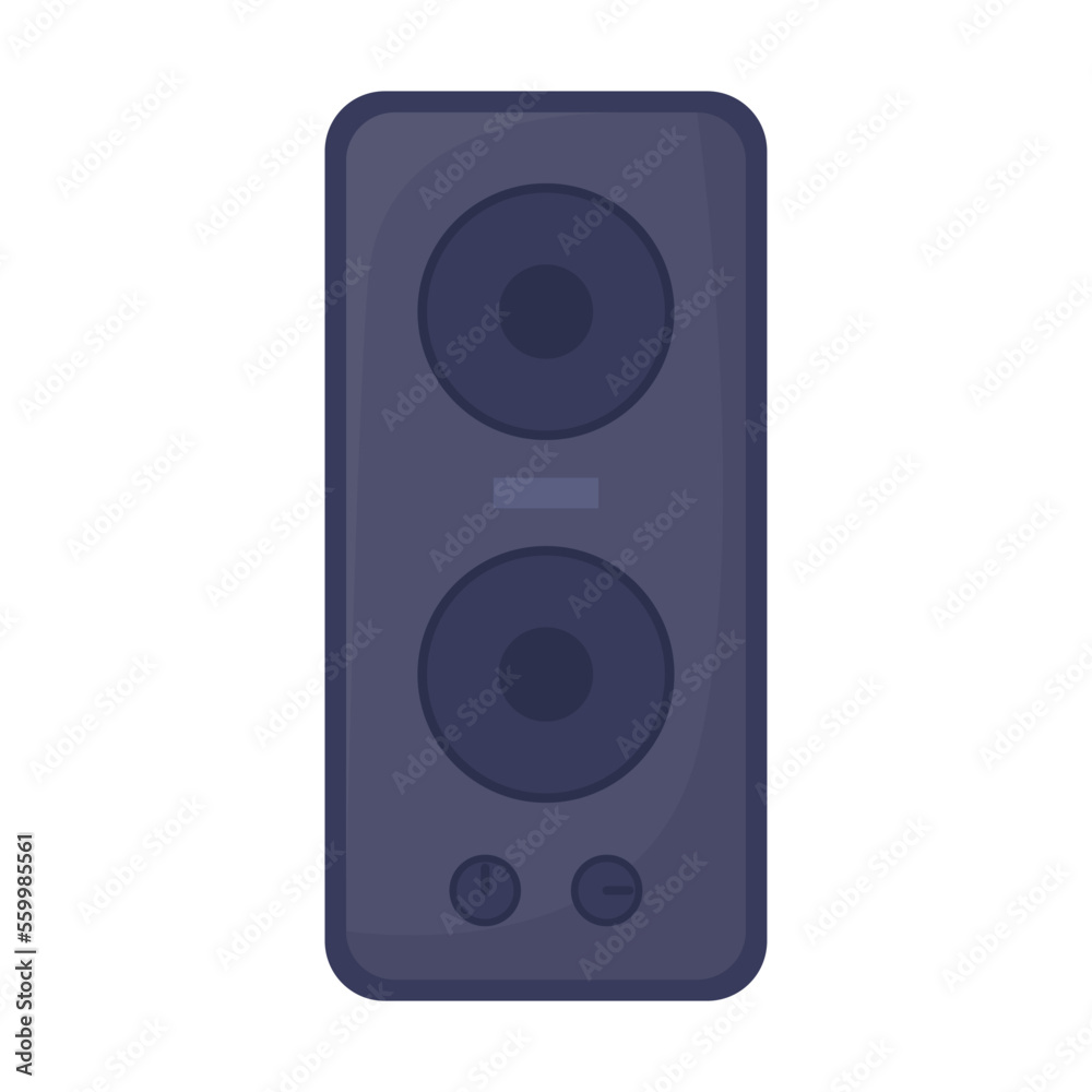 Acoustic music speaker with loudspeakers for high and low frequencies. Electronic appliances for home vector illustration. Household, technology, interior concept Acoustic music speaker with loudspeakers for high and low frequencies. Electronic appliances for home vector illustration. Household, technology, interior concept