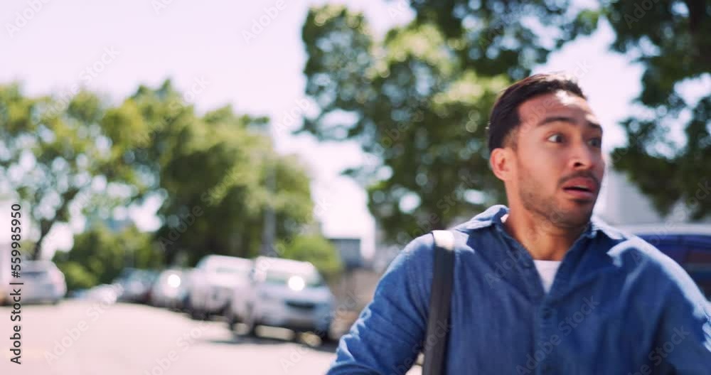 Businessman, watch and late in city, stress and panic for missed appointment, urgent meeting and outdoor. Creative, employee and male behind schedule, time management and deadline for job and work