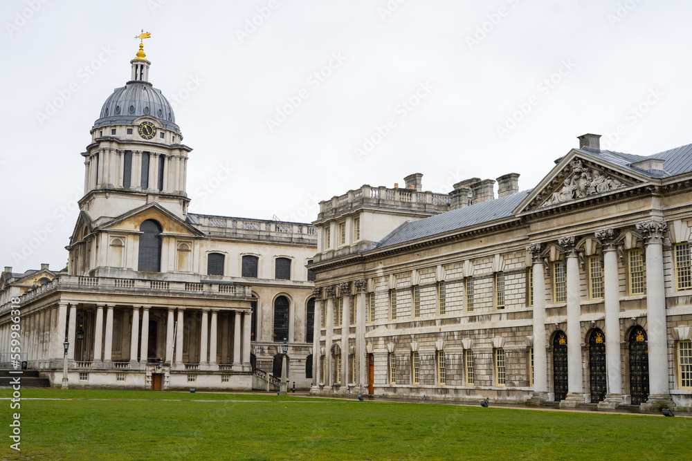 University of Greenwich located on the banks of the River Thames in South London with during winter cloudy day in London , United Kingdom : 13 March 2018