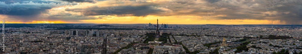 Ultra sunset panorama of Paris with Eiffel Tower. France