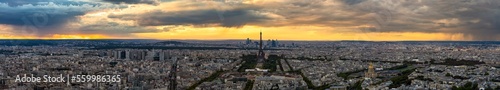 Ultra sunset panorama of Paris with Eiffel Tower. France