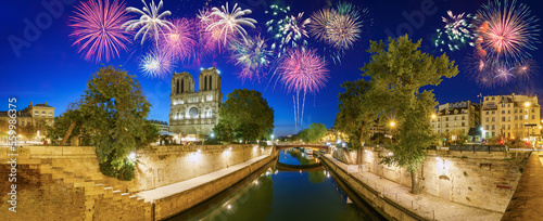 Fireworks display near Notre Dame cathedral in Paris. France