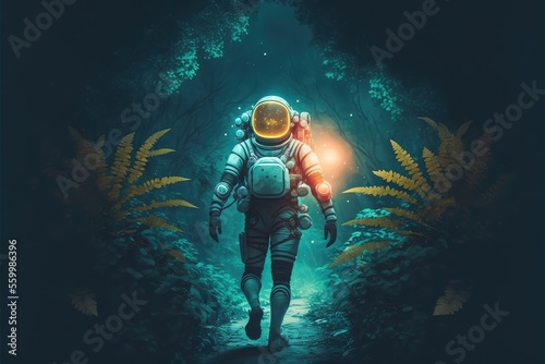 An astronaut walks through the forest