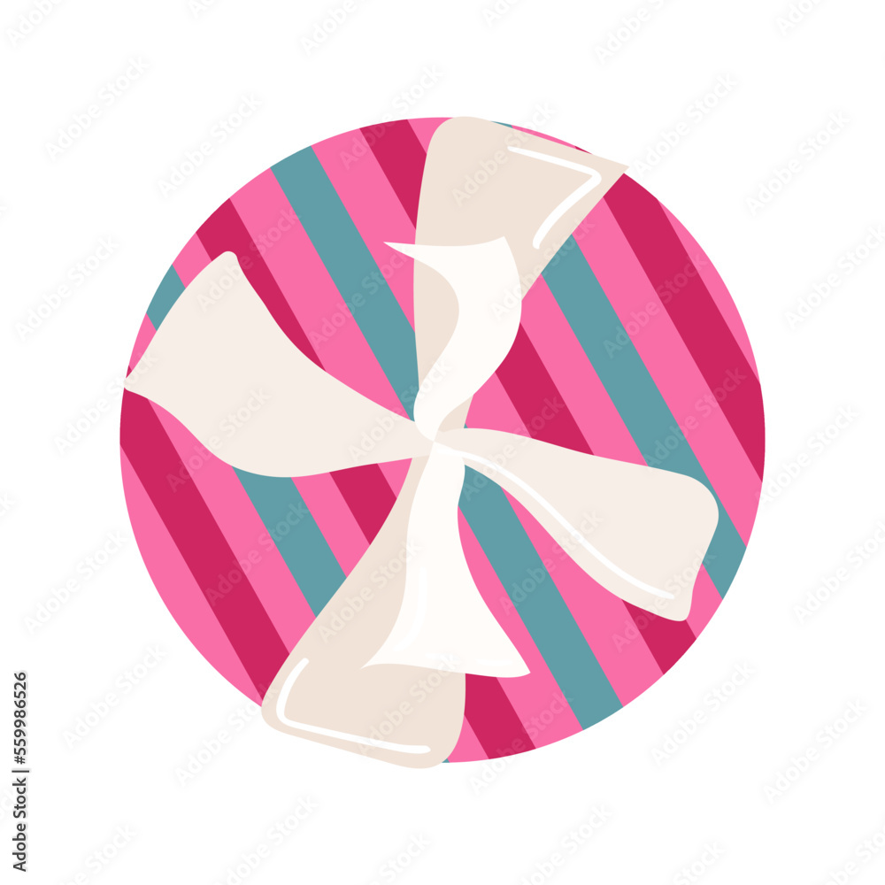 Pink gift box with ribbon isolated object. Flat vector illustration. Valentine s Day Gift box. Top view.