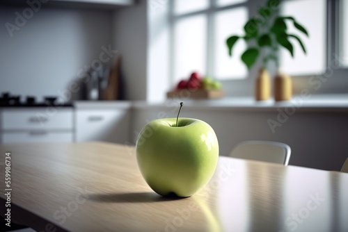 Green Apple in a lightful and modern kitchen. Generated AI illustration.