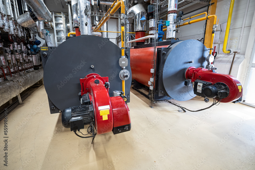 Gas burner on boiler for steam production. Gas burner on boiler for steam production.