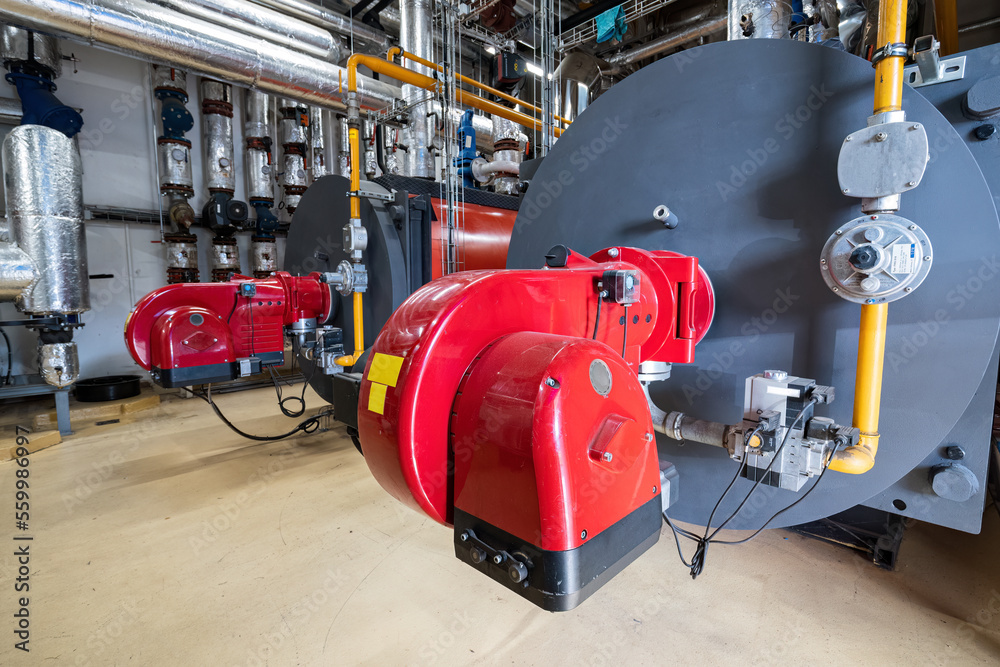 Gas burner on boiler for steam production. Gas burner on boiler for steam production.