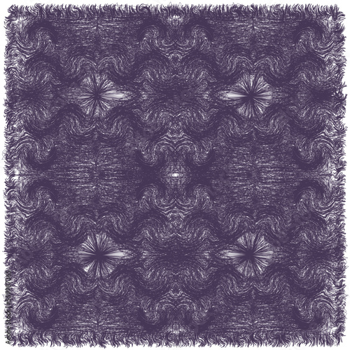 Square rug, mat, doormat, carpet in black and white colors with grunge wavy, swirl symmetrical pattern and rough fringe isolated on white