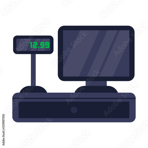 Cash machine for checkout vector illustration. Drawing of POS terminal, fiscal cash register with money, cashier till machine with screen, receipt printers. Payment concept