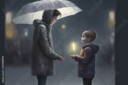 A woman with an umbrella takes care of a child