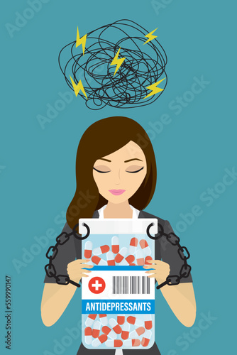 Unhappy woman chained to antidepressant treatment, addiction. Medication in jar. Girl holds bottle with pills. Medical cure against stress and depression. Psychology, health care.