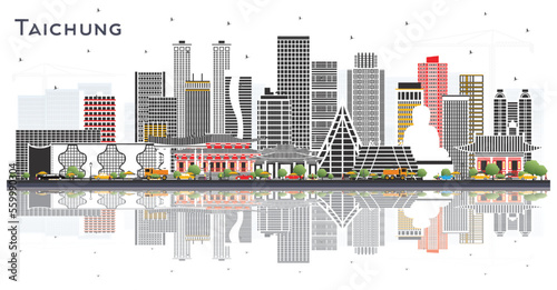 Taichung Taiwan City Skyline with Gray Buildings and Reflections Isolated on White.