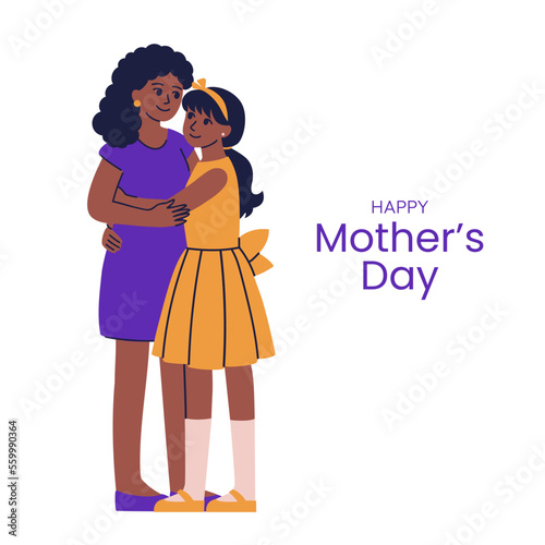 Hand-drawn flat illustration in cartoon style for Mother's Day. African American mom and teenage girl hugging and smiling together. Happy family, mother and daughter relationship, motherhood concept. 