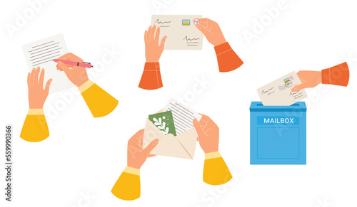 Hands write a letter, hold a paper envelope, glue a stamp. Sending the envelope with the letter to the mailbox. Correspondence through the postal service. Mail delivery vector set.