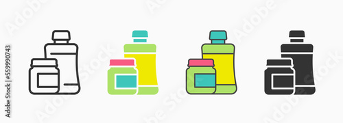 Baby food plastic bag and jar icon on white background. Vector illustration.