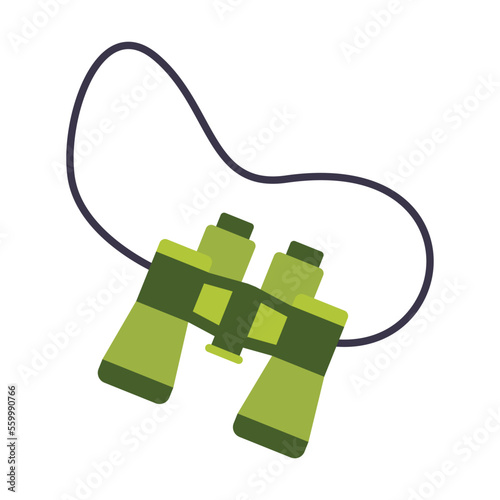 Travelers binoculars with rope isolated on white background. Camping element vector illustration. Camping, equipment concept