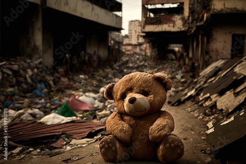 Homeless teddy bear in dirty city slums alone and emotionally sad; forgotten, unloved and lost surrounded by abandoned destroyed building ruins - Generative AI illustration.