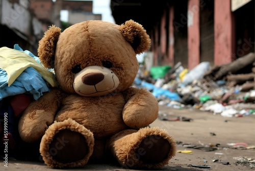 Homeless teddy bear in dirty city slums alone and emotionally sad  forgotten, unloved and lost surrounded by abandoned destroyed building ruins - Generative AI illustration. © SoulMyst