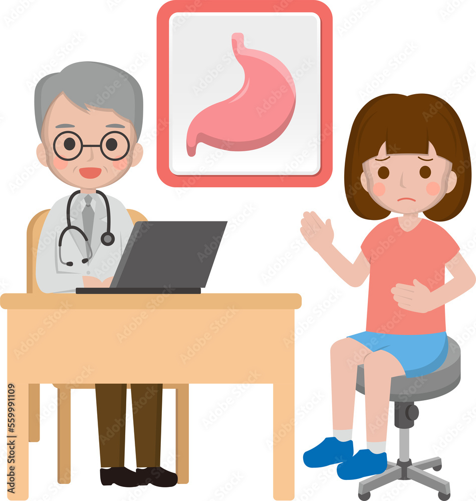 Girl with doctor, cartoon comic vector of stomach disease Girl with doctor, cartoon comic vector of stomach disease