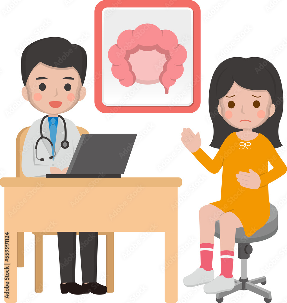 Girl with doctor, cartoon comic vector of gastrointestinal disease Girl with doctor, cartoon comic vector of gastrointestinal disease