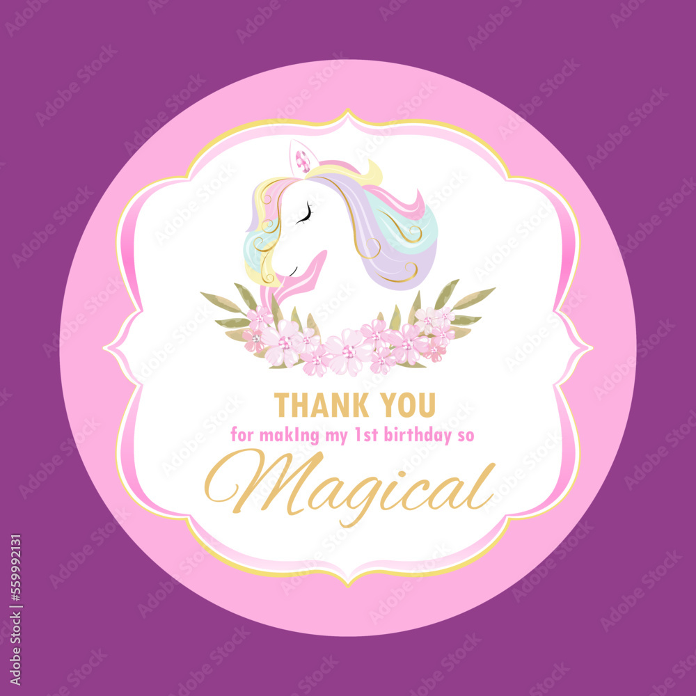 Thank card with unicorn for the girl's birthday party. Template for baby shower thanking card Thank card with unicorn for the girl's birthday party. Template for baby shower thanking card