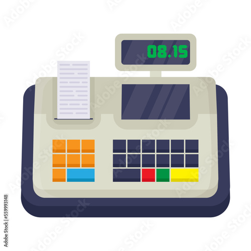Cash machine vector illustration. Drawing of POS terminal, fiscal cash register with money, cashier till machine with screen, receipt printers. Payment concept