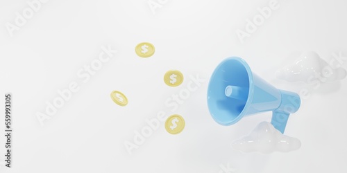 3D cartoon megaphone. Marketing time concept. online news about financial business planning currency exchange rate social media 3d rendering