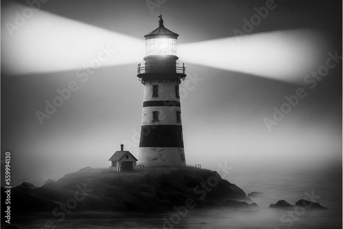 illustration of a lighthouse with cottage with fog. black-and-white. Generative AI photo
