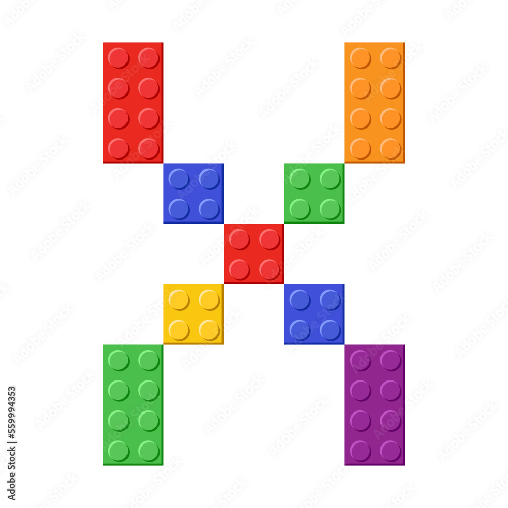 Colorful toy bricks of letter X cartoon illustration. Rainbow letter from blocks for children poster, games, banner or to compose word. ABC typography, font concept Colorful toy bricks of letter X cartoon illustration. Rainbow letter from blocks for children poster, games, banner or to compose word. ABC typography, font concept