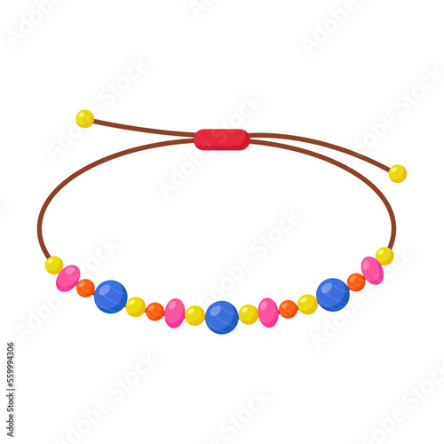 Boho jewelry lace with multi colored gemstones necklace around the neck cartoon illustration. Bohemian style with gemstones. Accessories, fashion, jewellery concept