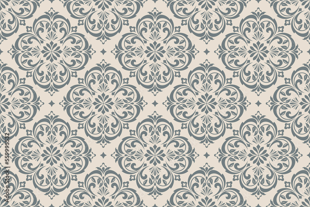 Wallpaper in the style of Baroque. Seamless vector background. Beige and gray floral ornament. Graphic pattern for fabric, wallpaper, packaging. Ornate Damask flower ornament