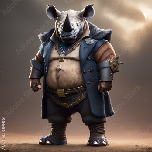 Portrait of a Anthropomorphic Rhinoceros in a costume. Full body rhino character. Digital illustration. Generative AI.