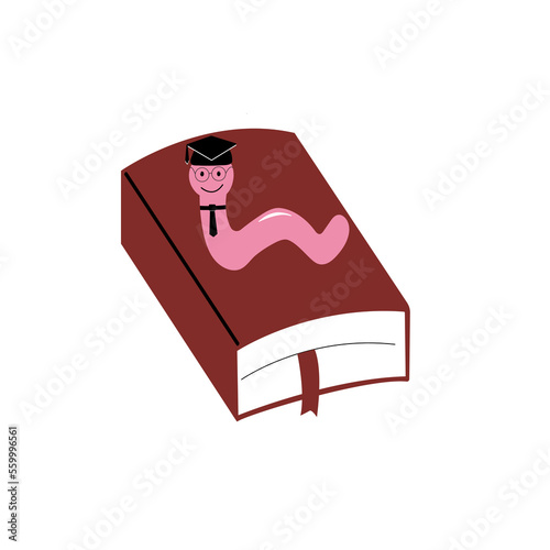 Cartoon bookworm in a square academic cap and tie crawls on a book
