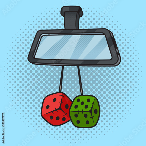 fuzzy dice toy on rearview car mirror pinup pop art retro vector illustration. Comic book style imitation.