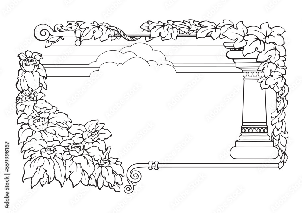Obraz premium Vintage frame with a column and plants. Border. Vector illustration.