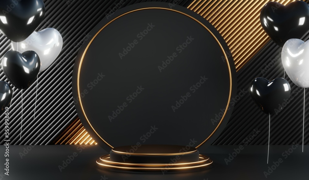 3D rendering of backdrop black podium background show room for black friday products and sale banner