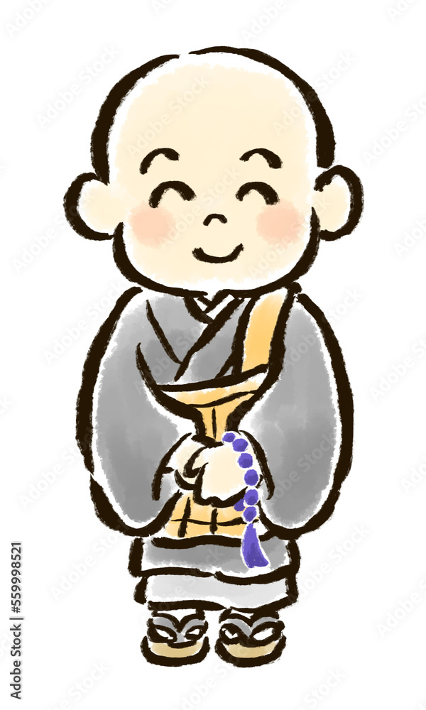 正面を向いて微笑む子供のお坊さんの手描きイラスト 正面を向いて微笑む子供のお坊さんの手描きイラスト