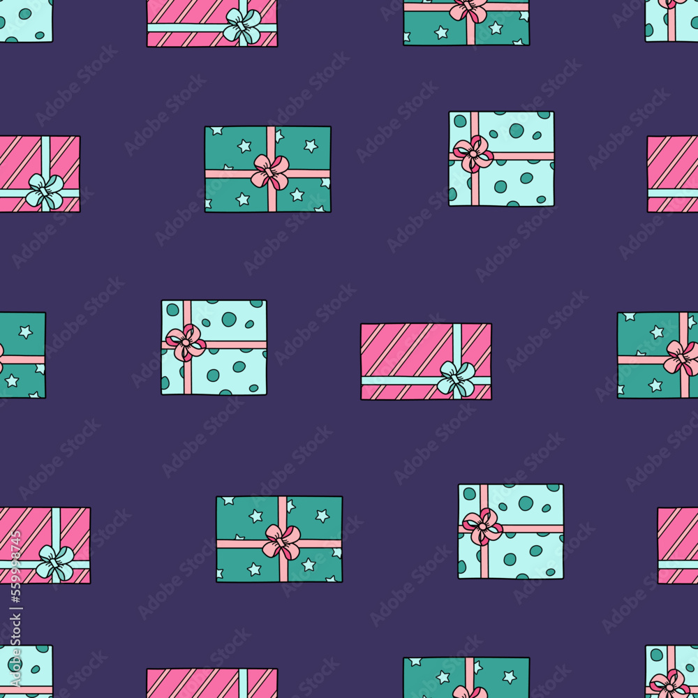 Seamless pattern gift boxes in wrapping paper with bows. Background texture packaging.