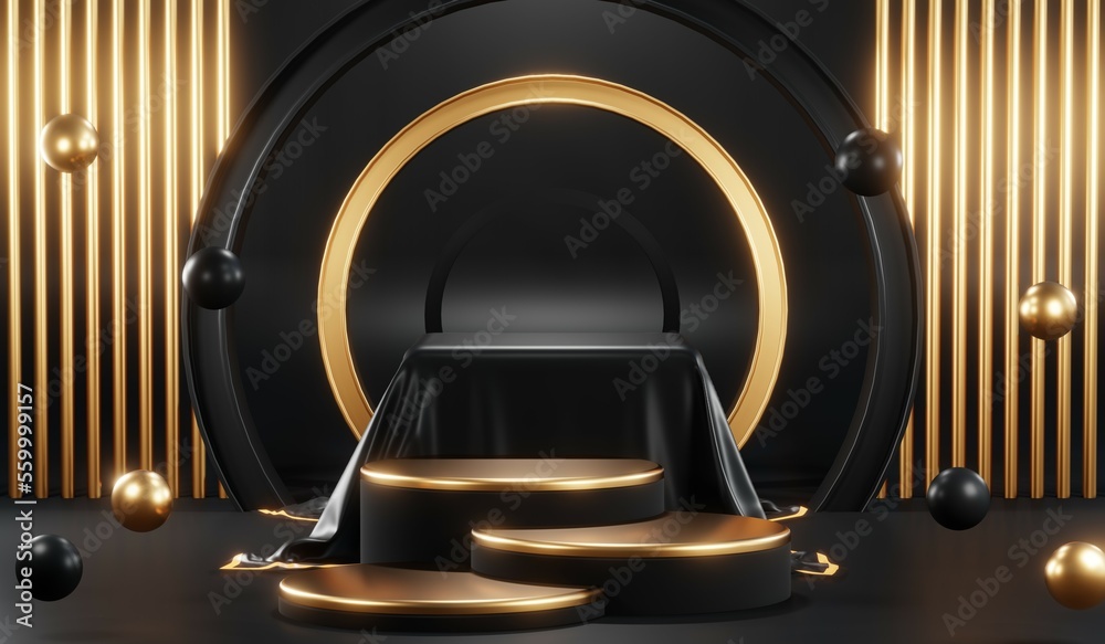 3D rendering of backdrop black podium background show room for black friday products and sale banner 3D rendering of backdrop black podium background show room for black friday products and sale banner