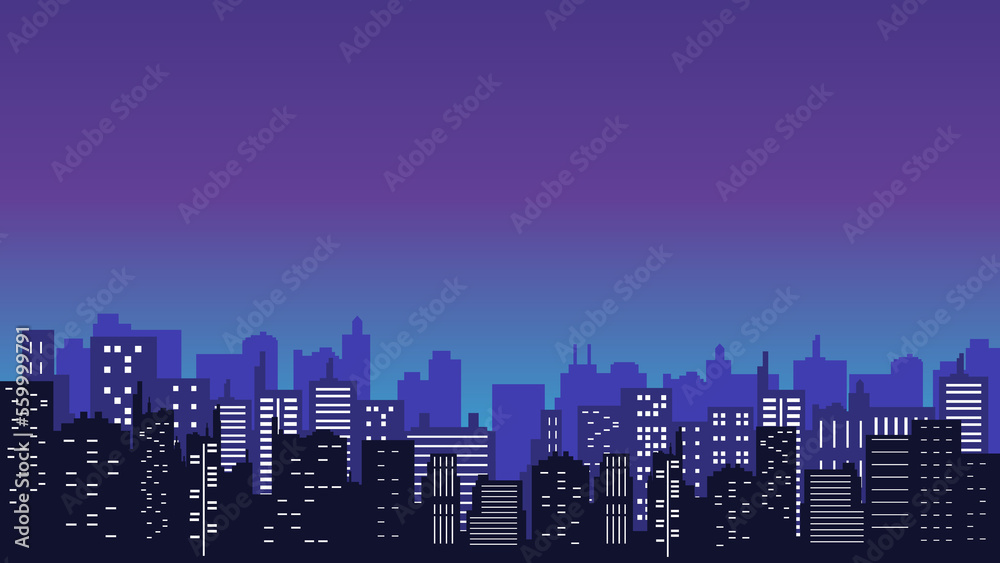 City silhouette background with many tall buildings at birth night