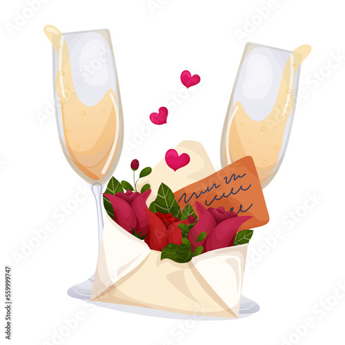 Valentine's day card, postcard or banner design. background with glasses, letters, roses in white background. Vector illustration