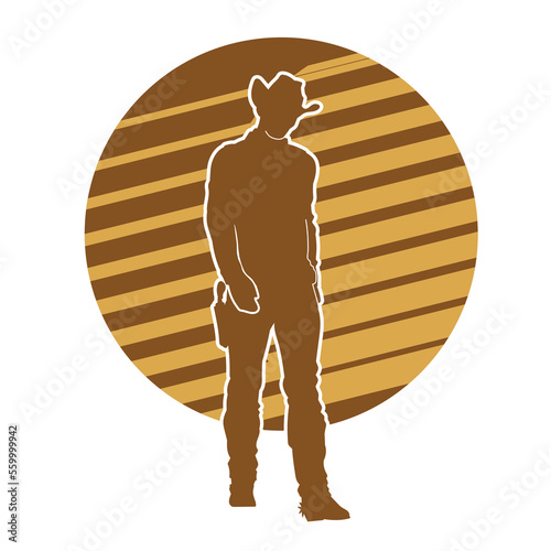 Ranger illustration. Cowboy vector silhouette on stipe lines background.