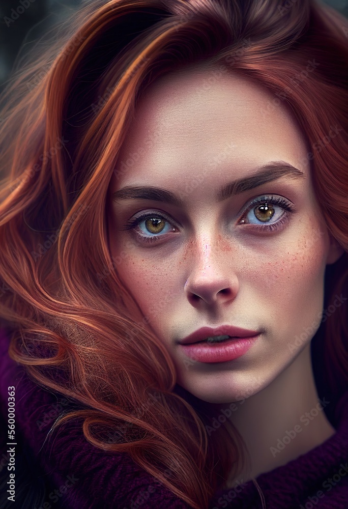 Gorgeous red haired woman, photorealistic illustration portrait. Generative art