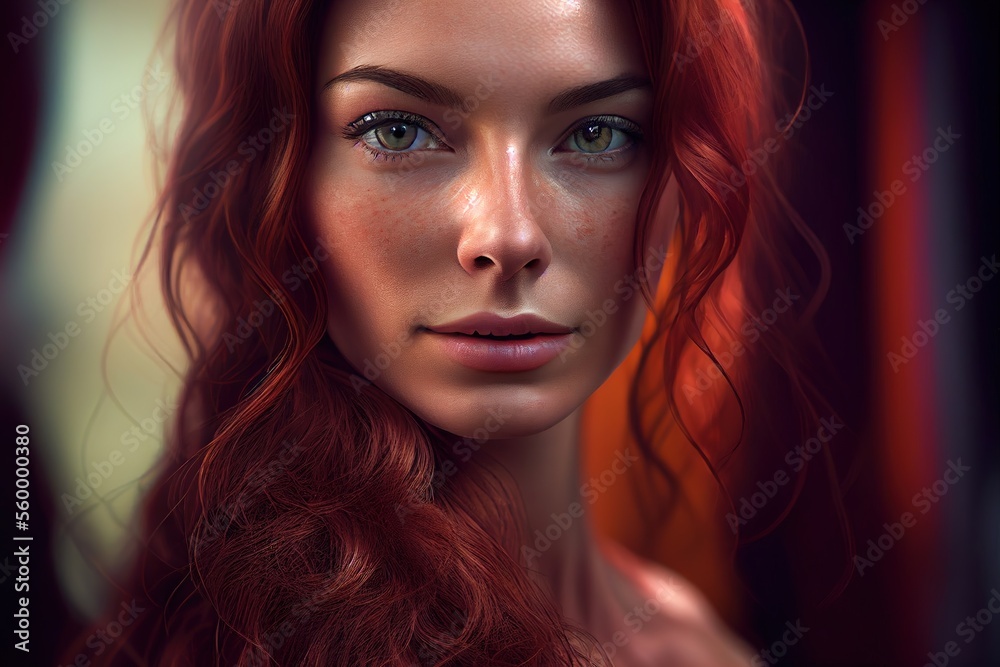 Gorgeous red haired woman, photorealistic illustration portrait. Generative art Gorgeous red haired woman, photorealistic illustration portrait. Generative art