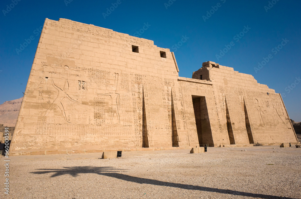 Ancient Egyptian temple Medinet Habu, dedicated to Amun, First Pylon of Mortuary Temple of Ramesses III and palm tree shadow Ancient Egyptian temple Medinet Habu, dedicated to Amun, First Pylon of Mortuary Temple of Ramesses III and palm tree shadow