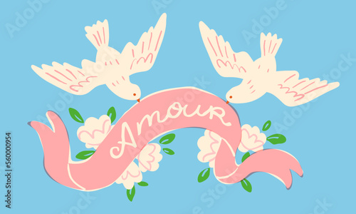 Two white doves holding a ribbon. Romantic vector illustration for the Valentine's Day or a wedding. Banner, flyer or invitation template in cute vintage style.
